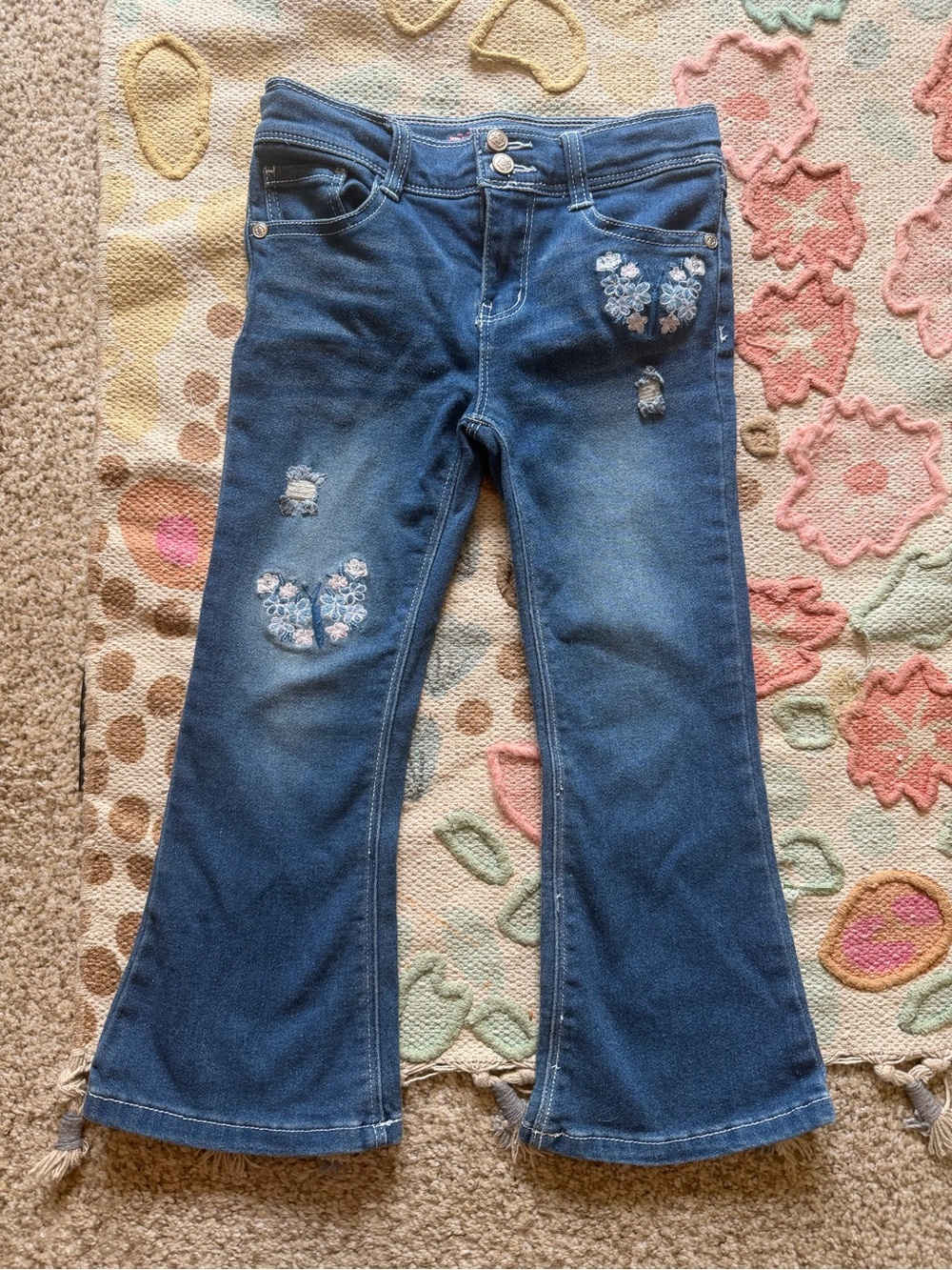Beautees Dark Blue Floral Embroidered Flare Jeans